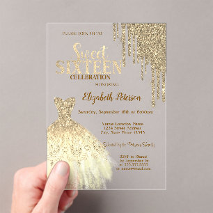 Invitaciones Acrílicas Cool Gold Glitter Drips,Vestido Verde Dulce 16
