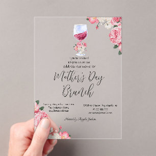 Invitaciones Acrílicas Copa de Vino con Flores Brunch del Día de la Madre