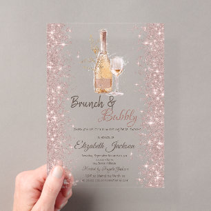 Invitaciones Acrílicas Copa de vino de confeti de oro rosa para despedida