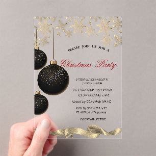 Invitaciones Acrílicas Copo de Nieve Brillante Bolas Negras Navidad Corpo