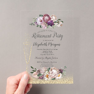 Invitaciones Acrílicas Copo de vino dorado con brillo flores tropicales j