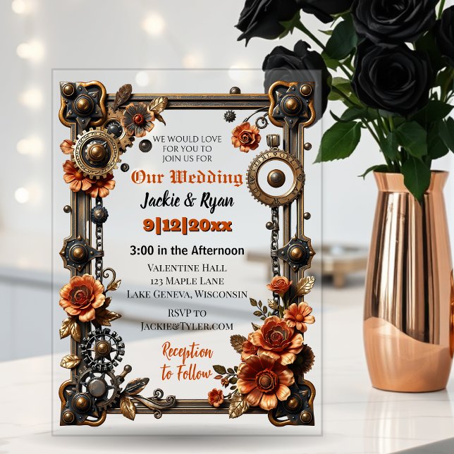 Invitaciones Acrílicas Copper y oro Steampunk Boda temática gótica (Subido por el creador)