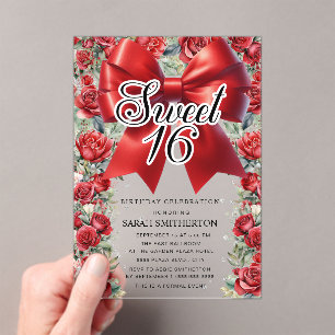 Invitaciones Acrílicas Coqueta de lazo rojo floral vintage Sweet 16