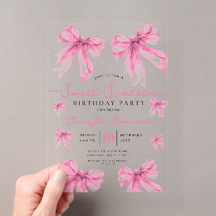 Invitaciones Acrílicas Coqueta Femenina con Lazo Cumpleaños Dulces 16 Ros