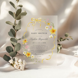 Invitaciones Acrílicas Coqueta flor silvestre amarilla mantequilla lazo B