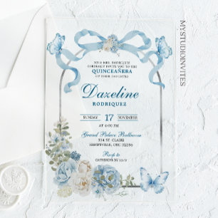 Invitaciones Acrílicas Coqueta Mariposa de lazo azul polvoriento Quinceañ