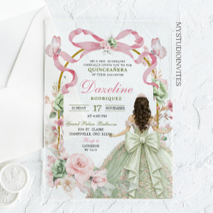 Invitaciones Acrílicas Coqueta Mariposa Quinceañera con Lazo de Salvia Ro