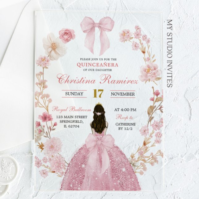 Invitaciones Acrílicas Coqueta rosa Bow Princess floral Quinceanera (Subido por el creador)