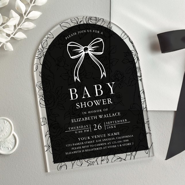 Invitaciones Acrílicas Coquette Bow Baby Shower de arte Black White Line (Subido por el creador)