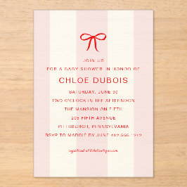 Invitaciones Acrílicas  Coquette Bow Blush Pink Striped Baby Shower 