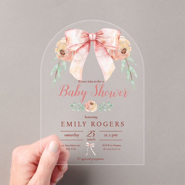 Invitaciones Acrílicas Coquette Bow Floral Baby Shower (Insitu (portátil))
