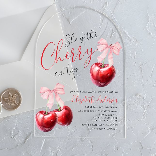 Invitaciones Acrílicas Coquette Cherry en Top Baby Shower (Subido por el creador)