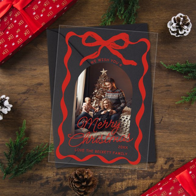 Invitaciones Acrílicas Coquette Curvy Ribbon & Bow Retro Christmas Photo (Subido por el creador)