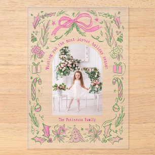 Invitaciones Acrílicas Coquette Navidad Foto Familiar Pink Green Doodle