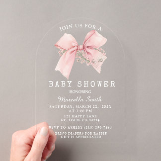 Invitaciones Acrílicas Coquette Pink Bow Baby Shower Niña