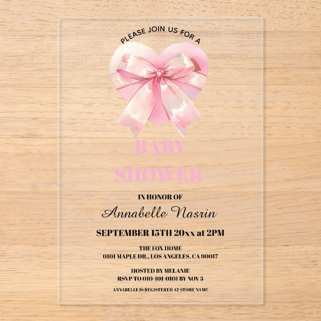 Invitaciones Acrílicas Coquette Pink Bow Ribbon Girl Baby Shower (Anverso)