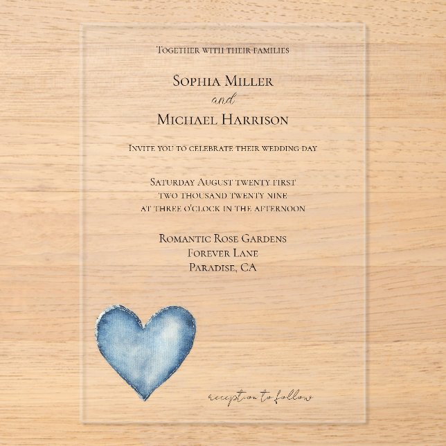 Invitaciones Acrílicas Corazón de bodas de jeans de mezclilla azul (Anverso)