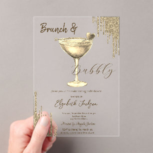 Invitaciones Acrílicas Corazón de Cóctel de Oro con Drips de Brillo para 