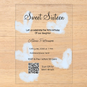 Invitaciones Acrílicas Corazones acuarela azules QR Cumpleaños sweet sixt