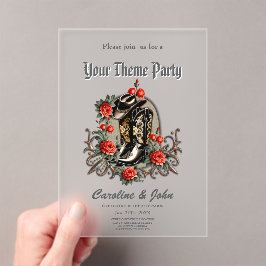 Invitaciones Acrílicas Corazones de vaquero: un poema de botas y flores.