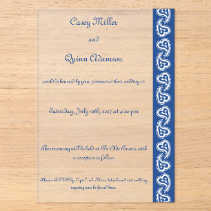 Invitaciones Acrílicas Corazones Dulces Paisley en Azul Acrílico Boda