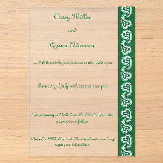 Invitaciones Acrílicas Corazones Dulces Paisley en Verde Acrílico de Boda