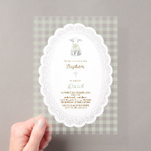 Invitaciones Acrílicas cordero rústico adorable verde salvia gingham   Ba