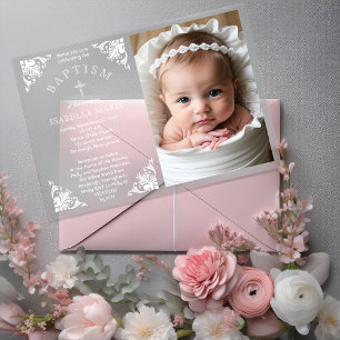 Invitaciones Acrílicas Cornisas Vintage Elegantes Bautizo Niña Foto