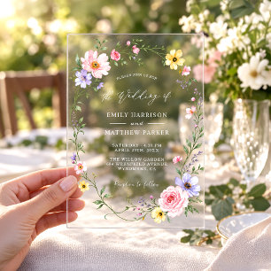 Invitaciones Acrílicas Corona botánica de flores silvestres pastel para b