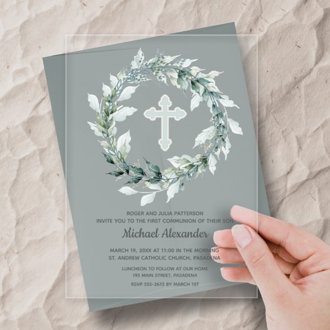 Invitaciones Acrílicas Corona de acuarela Cruz Azul Primera Comunión (Watercolor leaf wreath blue cross first holy communion clear acrylic invitations)