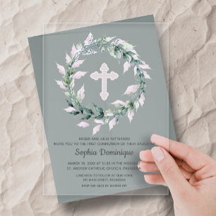 Invitaciones Acrílicas Corona de acuarela Cruz rosa Primera Comunión