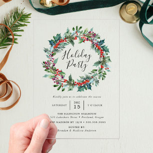 Invitaciones Acrílicas Corona de Bayas de Acebo Elegante Fiesta Navideña