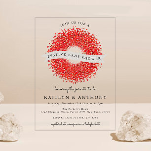 Invitaciones Acrílicas Corona de Bayas Rojas Fiesta de Navidad Baby Showe