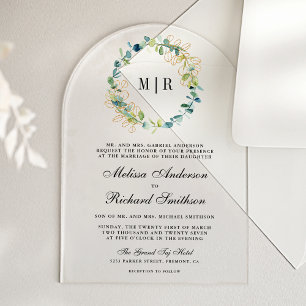 Invitaciones Acrílicas Corona de boda de eucalipto en oro rústico