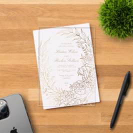 Invitaciones Acrílicas Corona de boda de flores románticas de oro