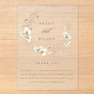 Invitaciones Acrílicas Corona de boda floral de prado blanco con rubor rú