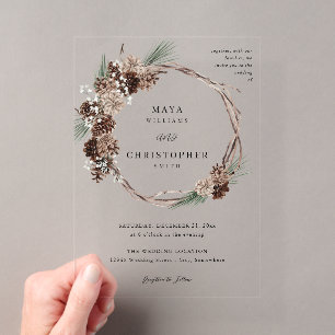 Invitaciones Acrílicas Corona de boda floral y de pino blanca de invierno