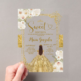 Invitaciones Acrílicas Corona de cumpleaños Sweet Sixteen con flores dora