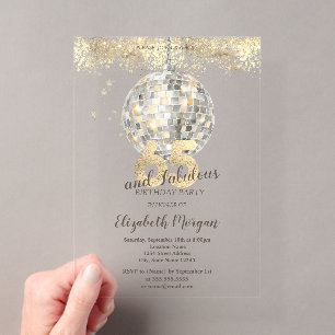 Invitaciones Acrílicas Corona de Disco Retro Oro Confeti 65 Cumpleaños