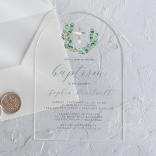 Invitaciones Acrílicas Corona de eucalipto Cruz plateada Bautizo