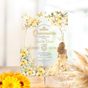 Invitaciones Acrílicas Corona de flores amarillas mariposas Quinceañera