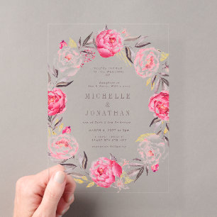 Invitaciones Acrílicas Corona de flores de acuarela rosa boda