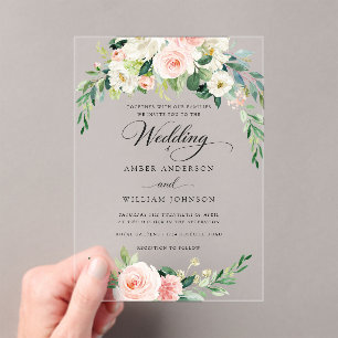 Invitaciones Acrílicas Corona de flores de marfil rosa elegante para boda