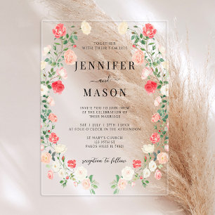 Invitaciones Acrílicas Corona de flores de rosa roja elegante boda bohemi