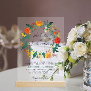 Invitaciones Acrílicas Corona de flores silvestres de dalia de primavera