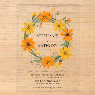Invitaciones Acrílicas Corona de flores silvestres naranjas y amarillas p