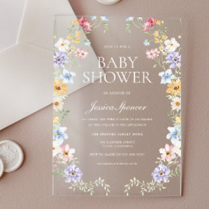 Invitaciones Acrílicas Corona de flores silvestres pastel para baby showe