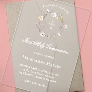 Invitaciones Acrílicas corona de flores silvestres Primera Comunión