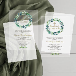 Invitaciones Acrílicas Corona de hojas de eucalipto Cruz Niño Primera Com