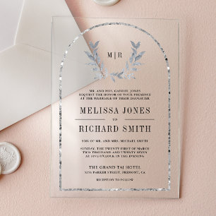 Invitaciones Acrílicas Corona de Laurel Plateado Hojas Boda